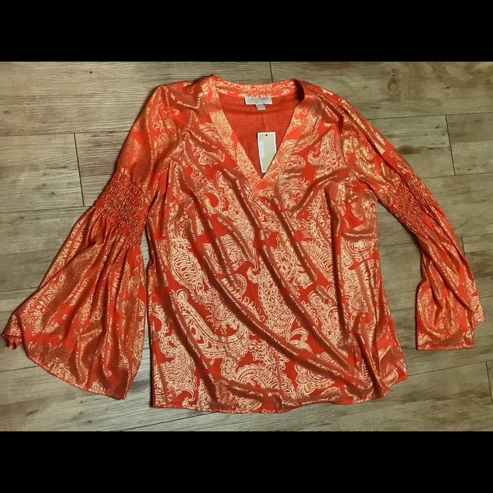 Michael Kors Bell Sleeve V Neck Fluted Sleeve Tangerine Top